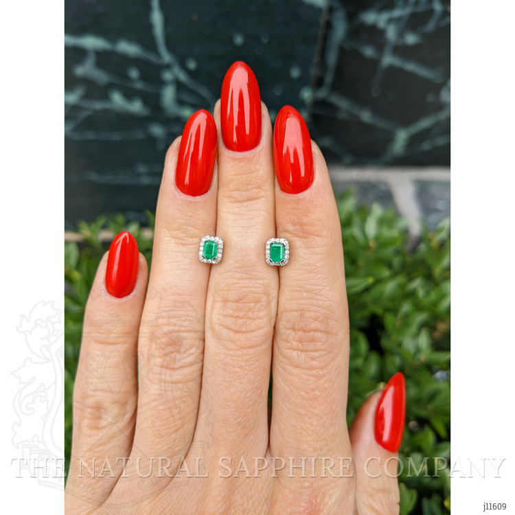 0.42 Ct.Tw. Emerald and Natural Diamond Studs Earrings, 14K White Gold