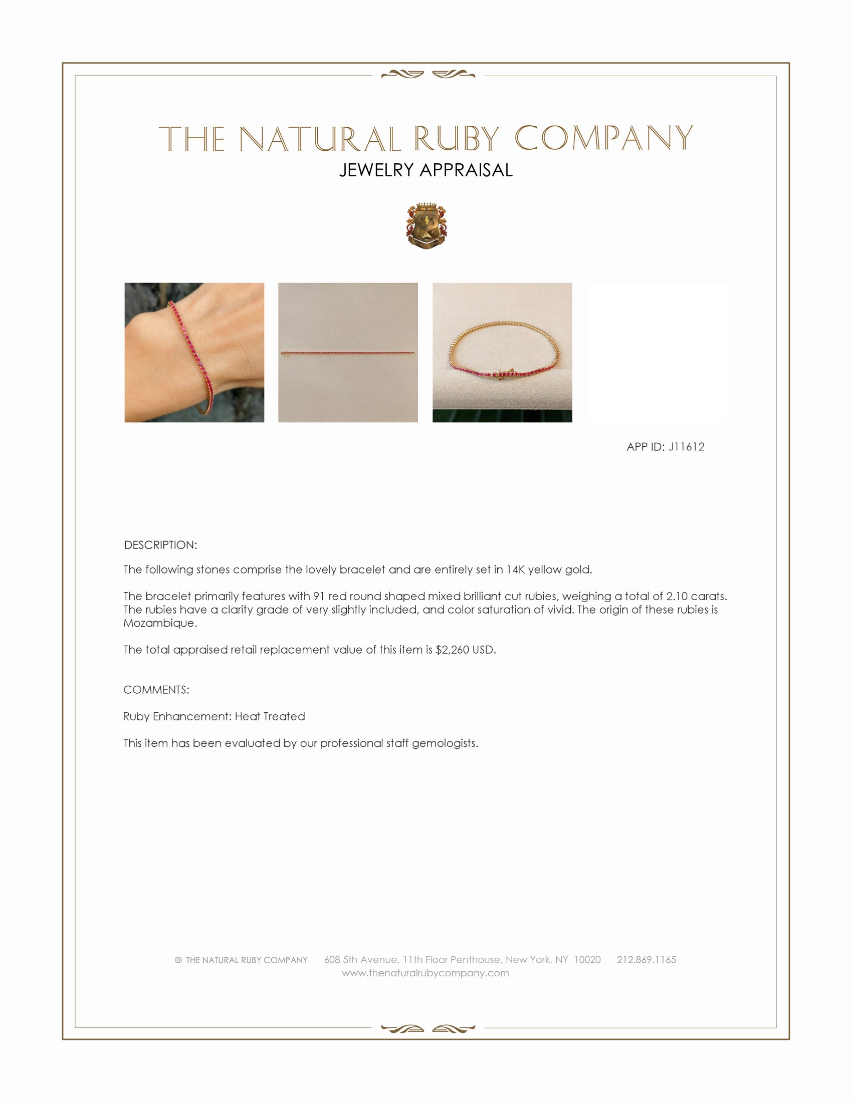 2.10 Ct.Tw. Ruby Tennis/Line Bracelet, 14K Yellow Gold