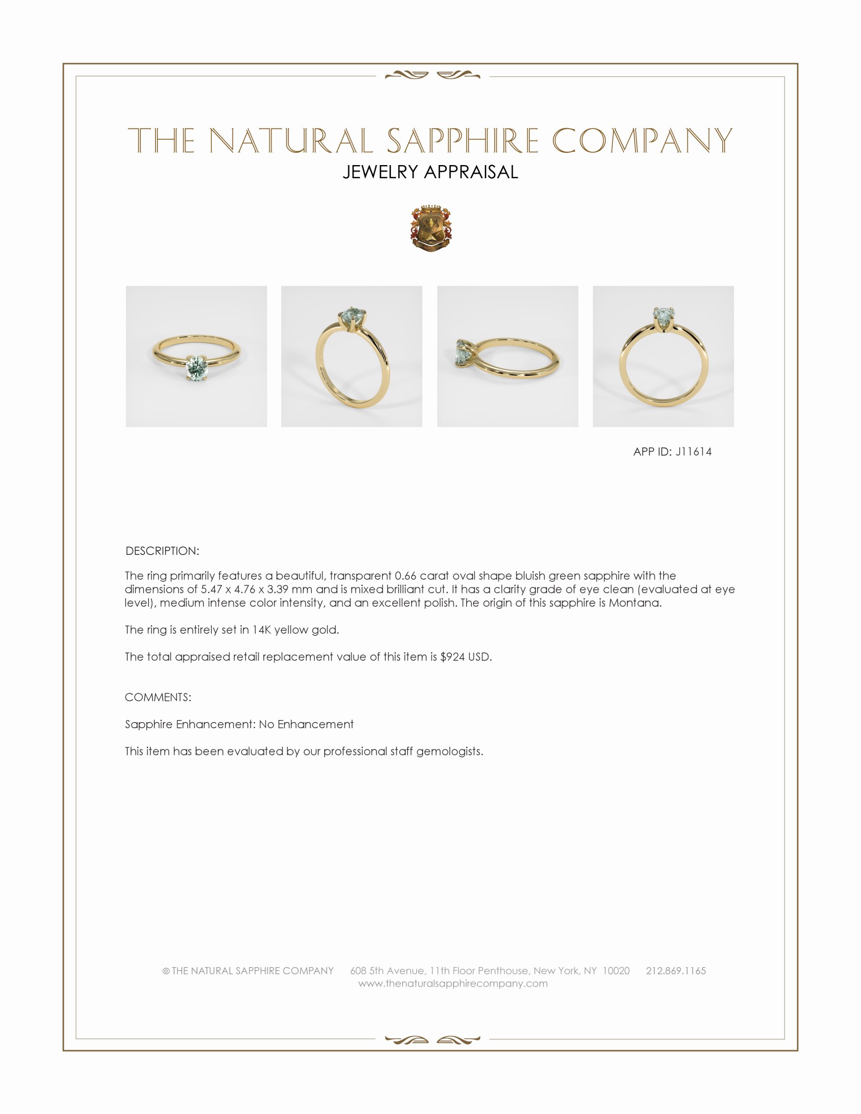 0.66 Ct. Bluish Green Sapphire Solitaire Ring, 14K Yellow Gold