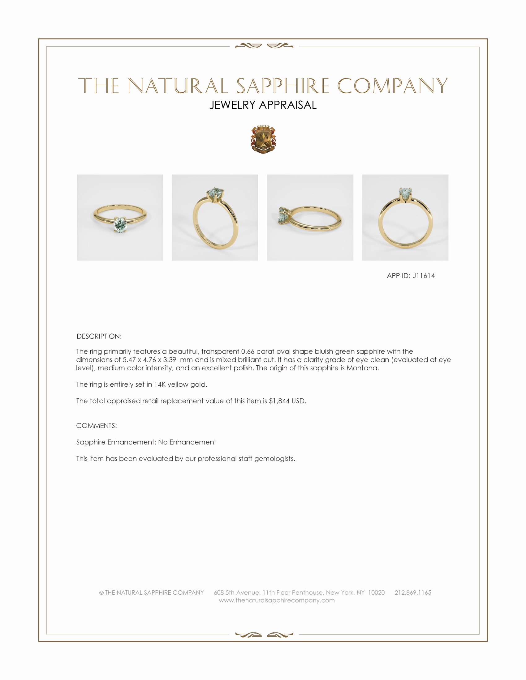 0.66 Ct. Bluish Green Sapphire Solitaire Ring, 14K Yellow Gold