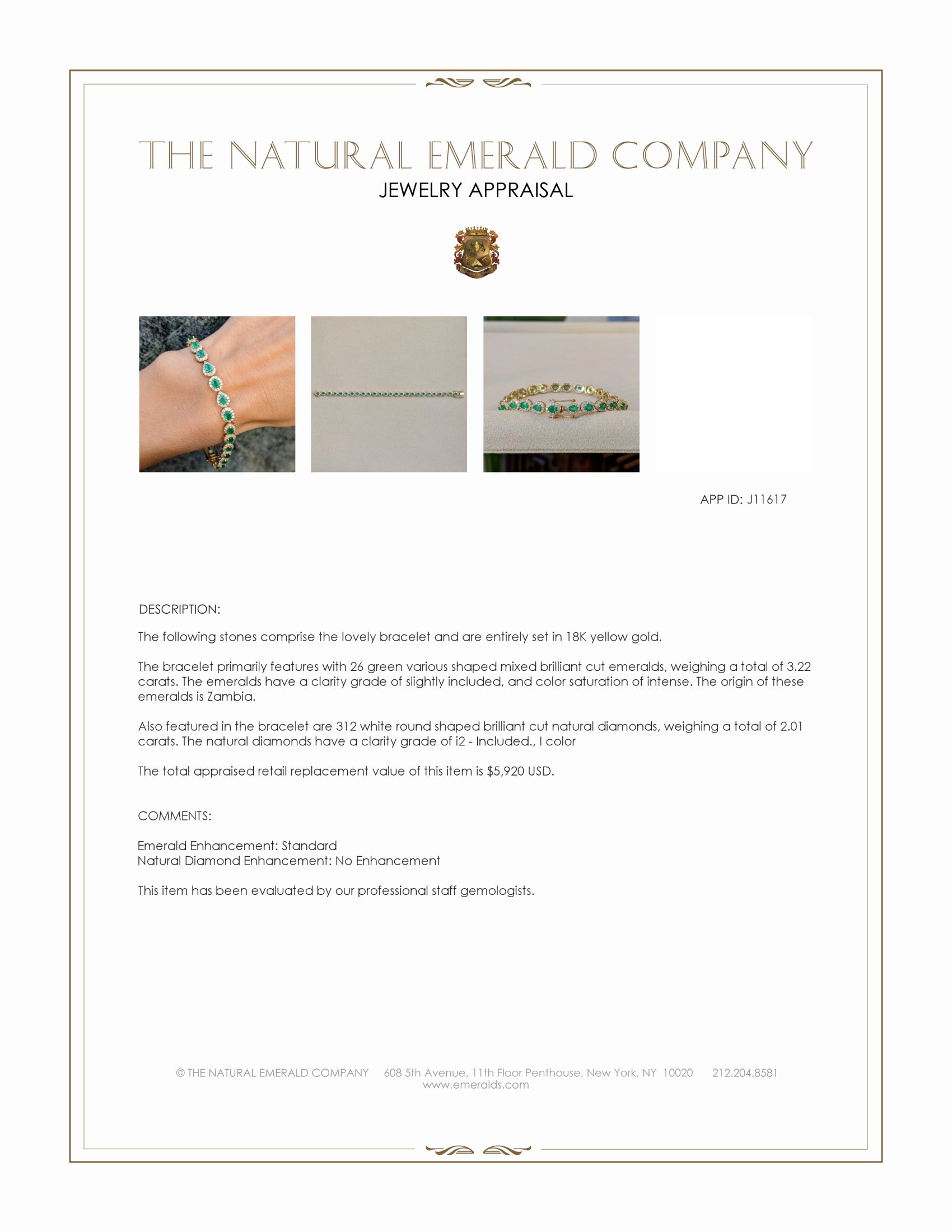 3.22 Ct.Tw. Emerald and Natural Diamond Halo Bracelet, 18K Yellow Gold