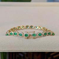 3.22 Ct.Tw.Total Carat Weight Emerald and Natural Diamond Halo Bracelet, 18K Yellow Gold Image