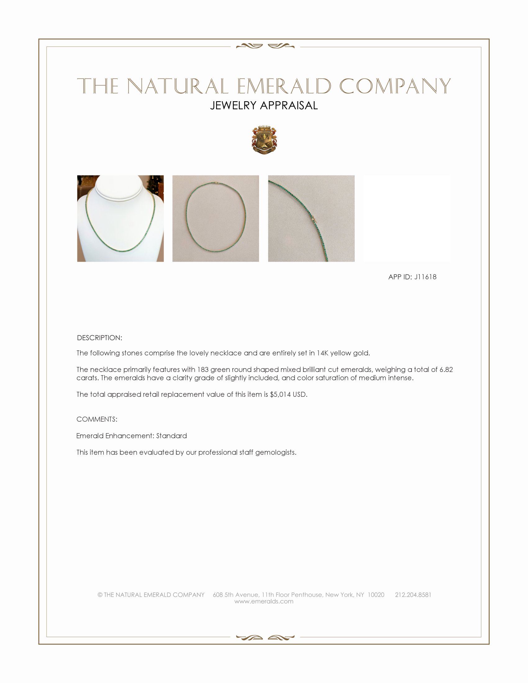 6.82 Ct. Emerald Tennis/Riviere Necklace, 14K Yellow Gold