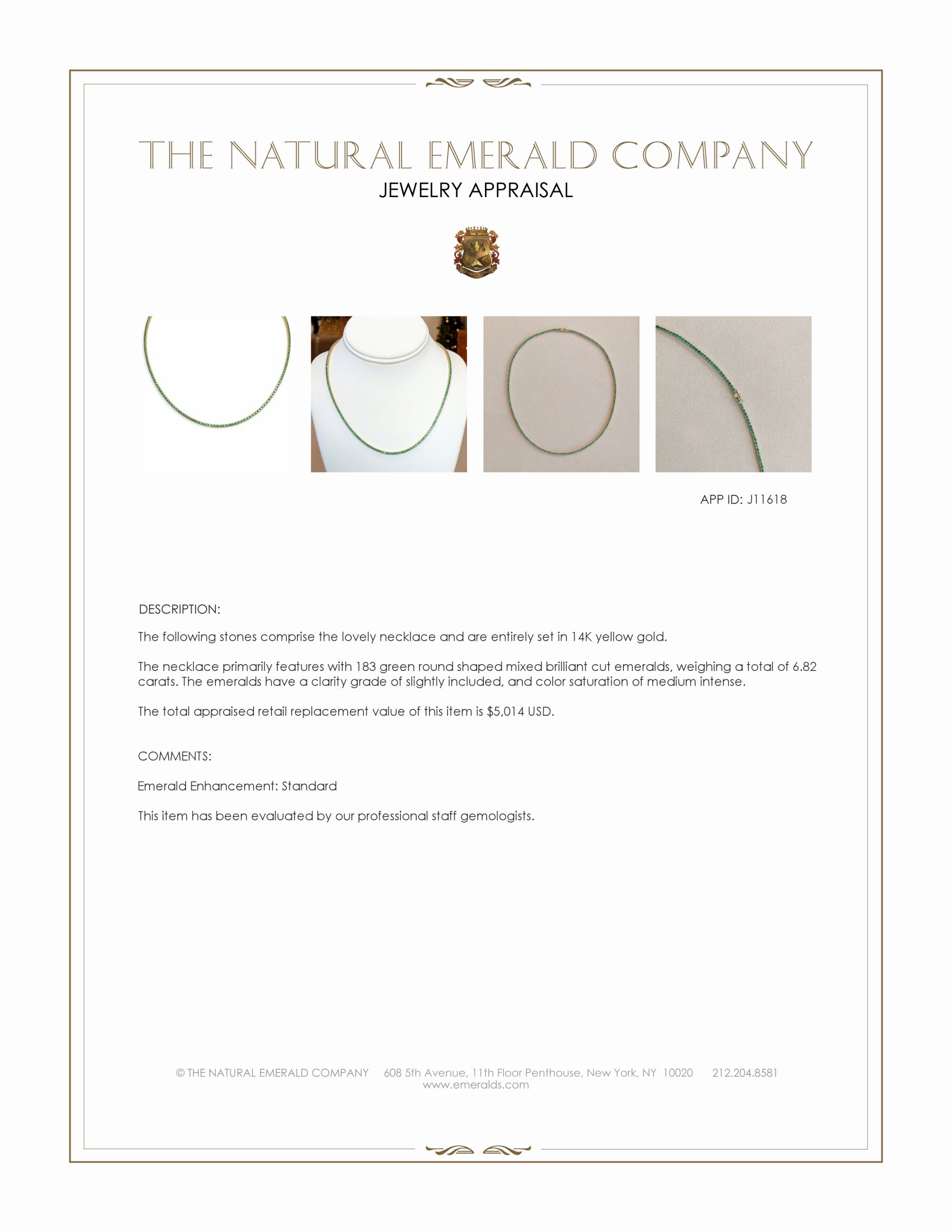 6.82 Ct. Emerald Tennis/Riviere Necklace, 14K Yellow Gold