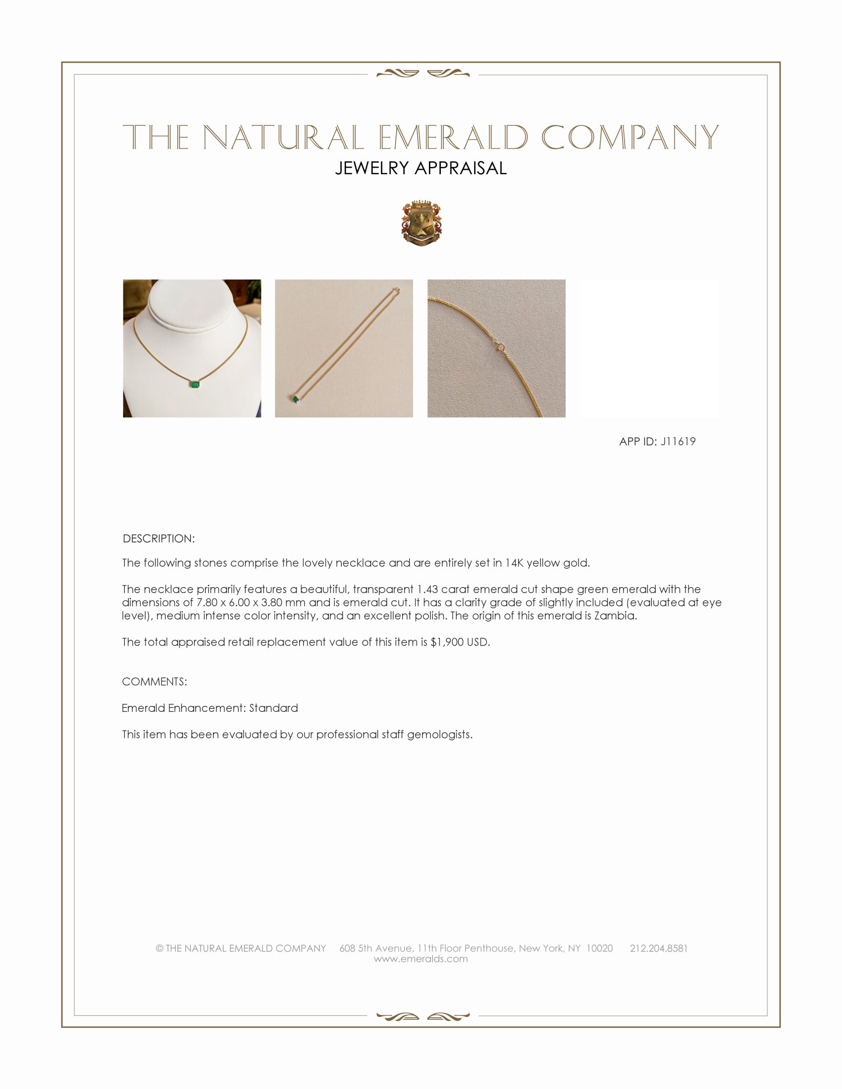 1.43 Ct. Emerald Bezel Necklace, 14K Yellow Gold