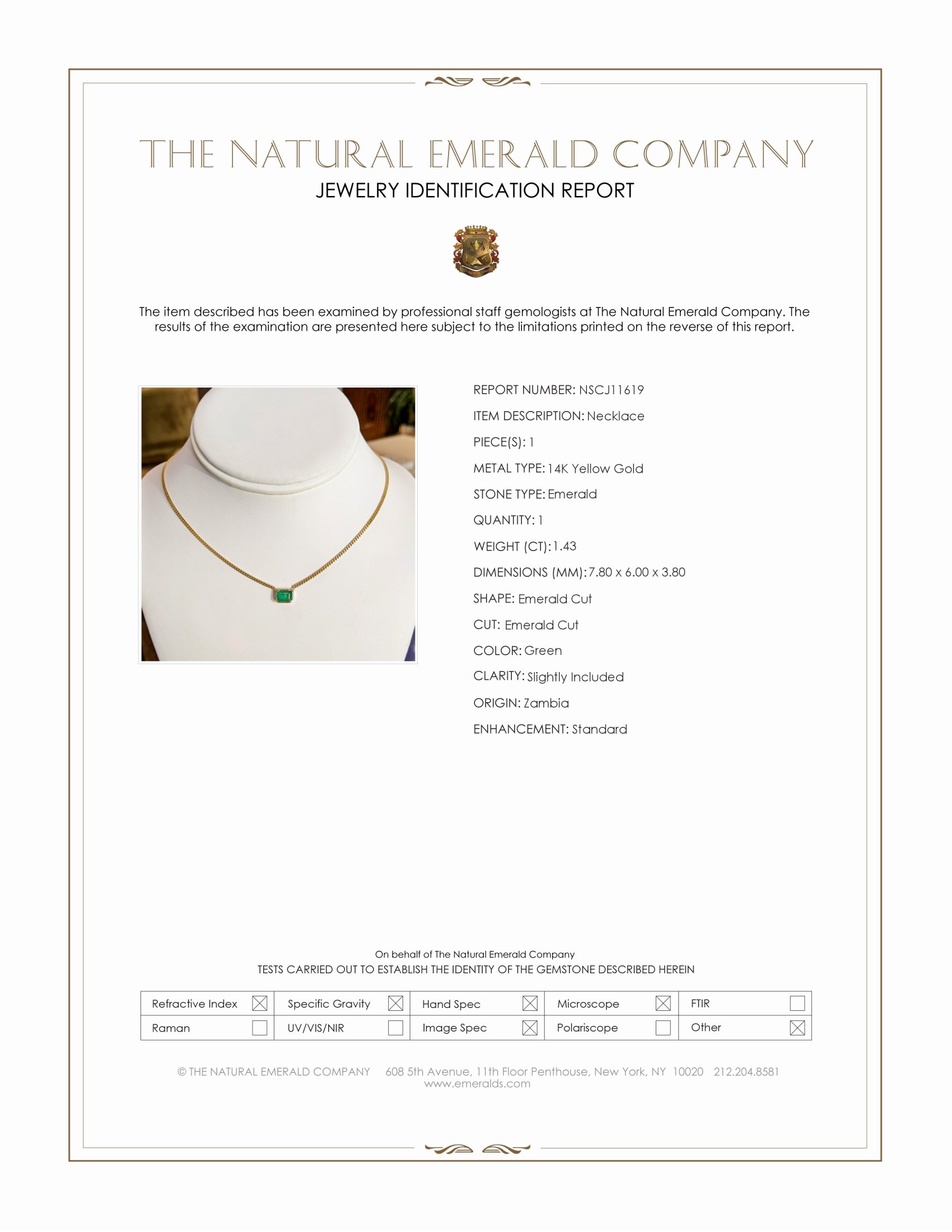 1.43 Ct. Emerald Bezel Necklace, 14K Yellow Gold