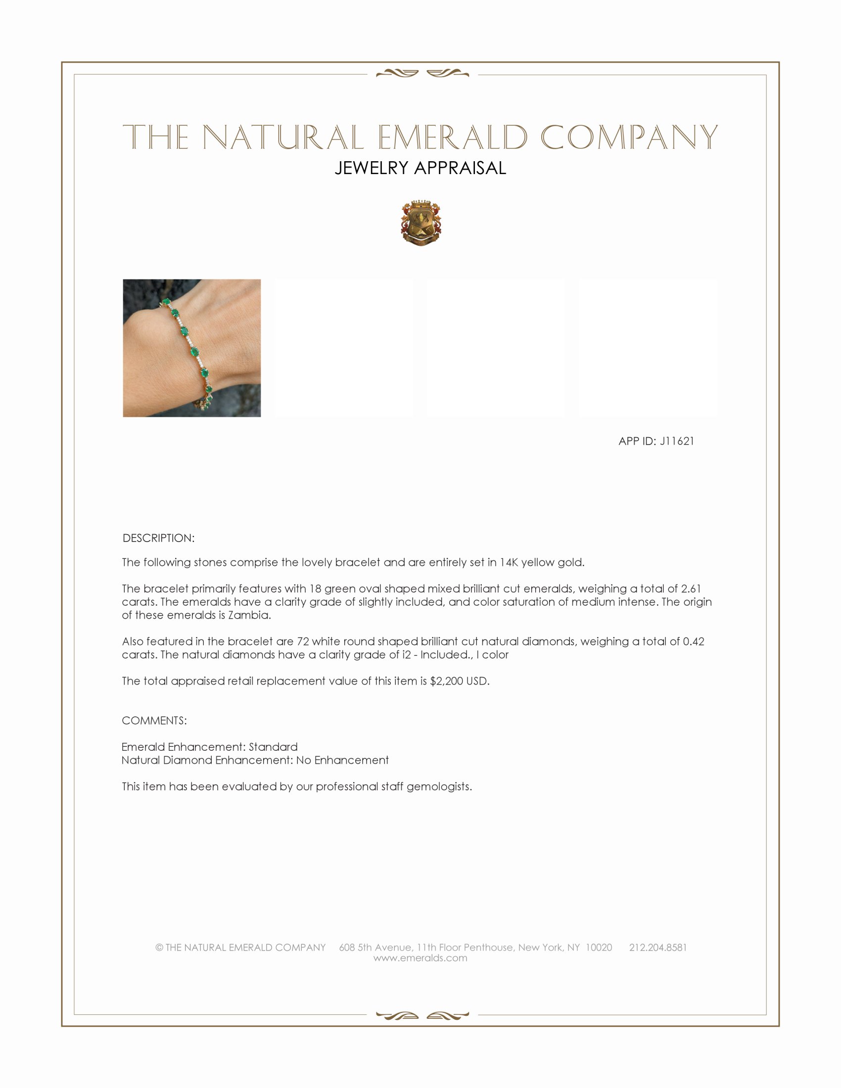 2.48 Ct.Tw. Emerald and Natural Diamond Pave Bracelet, 14K Yellow Gold