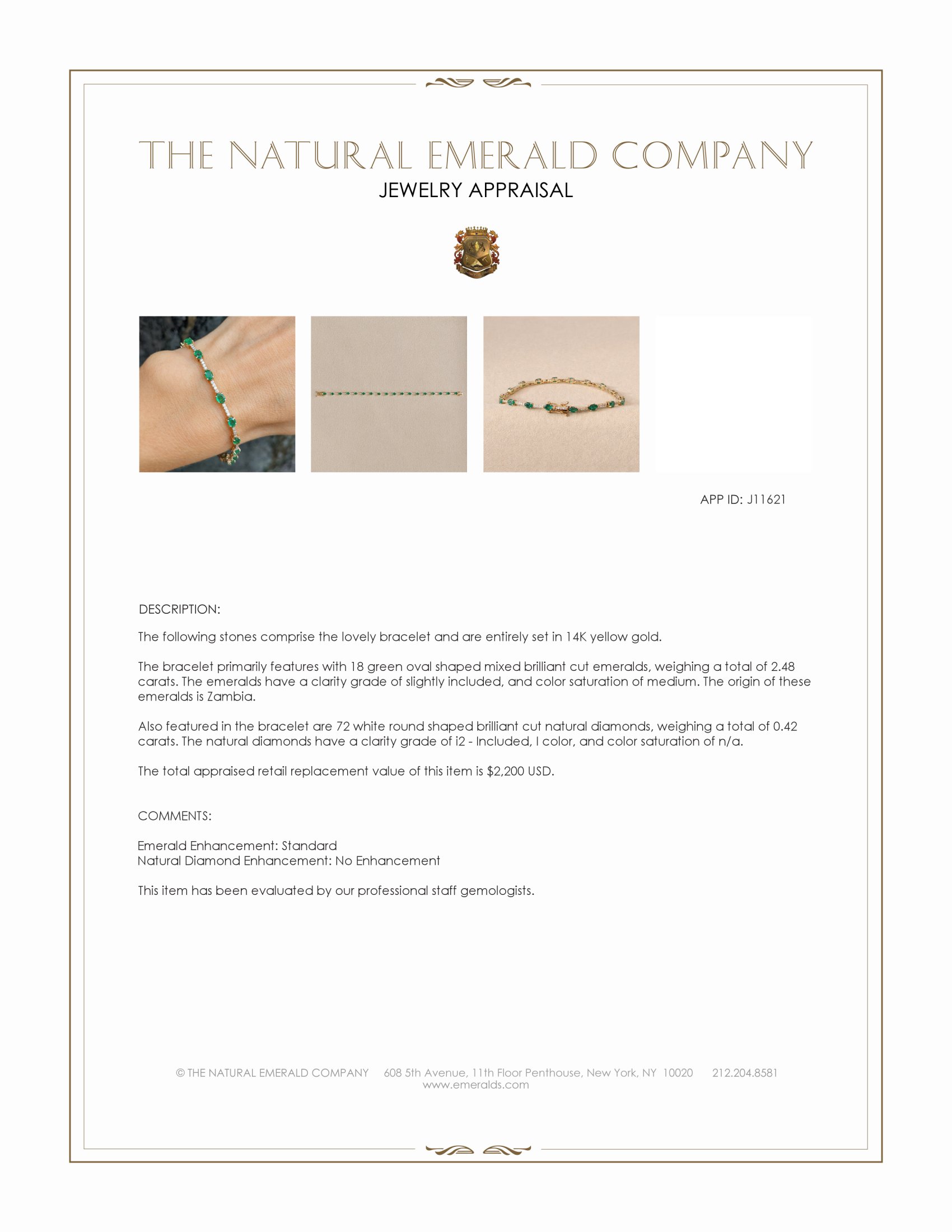 2.48 Ct.Tw. Emerald and Natural Diamond Pave Bracelet, 14K Yellow Gold