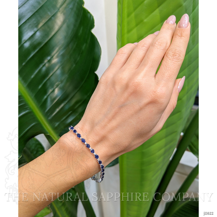 7.38 Ct.Tw. Blue Sapphire and Natural Diamond Bead Bracelet, 18K White Gold
