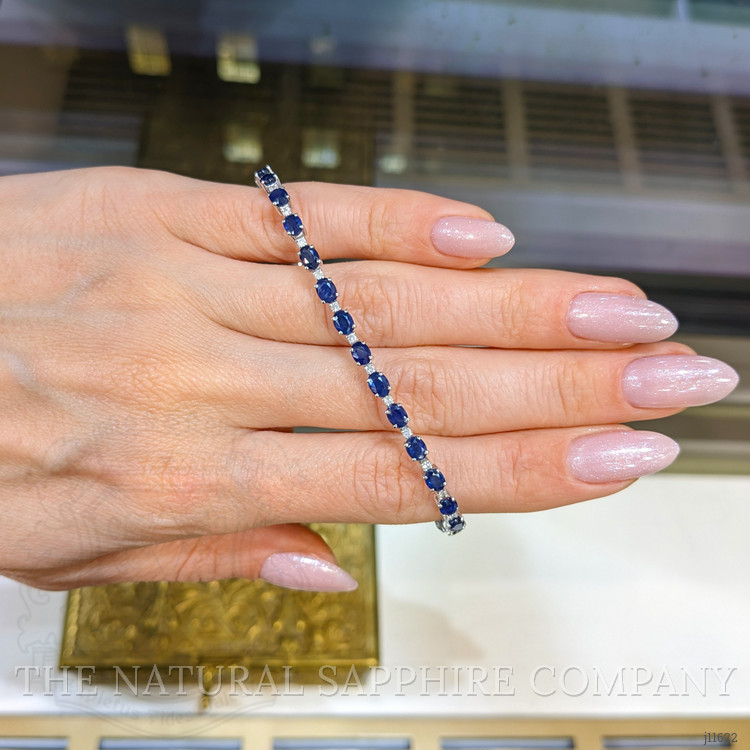 7.38 Ct.Tw. Blue Sapphire and Natural Diamond Bead Bracelet, 18K White Gold