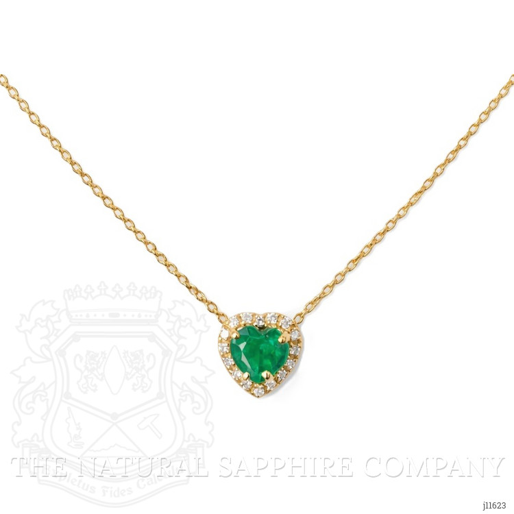 0.47 Ct. Emerald and Natural Diamond Halo Necklace, 14K Yellow Gold