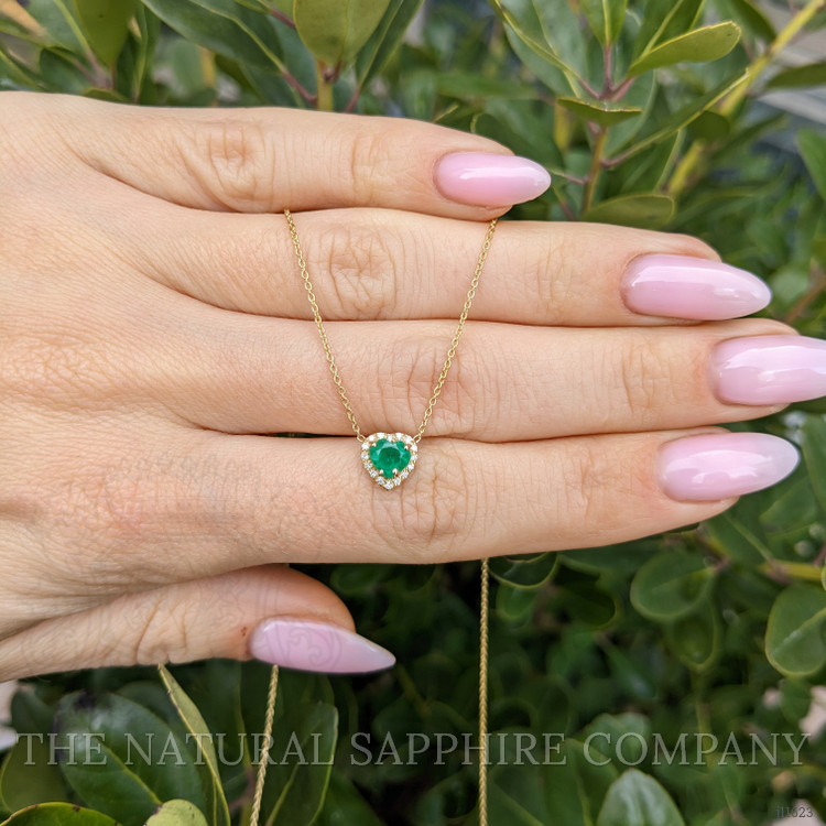 0.47 Ct. Emerald and Natural Diamond Halo Necklace, 14K Yellow Gold