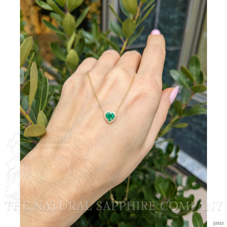 0.47 Ct. Emerald and Natural Diamond Halo Necklace, 14K Yellow Gold