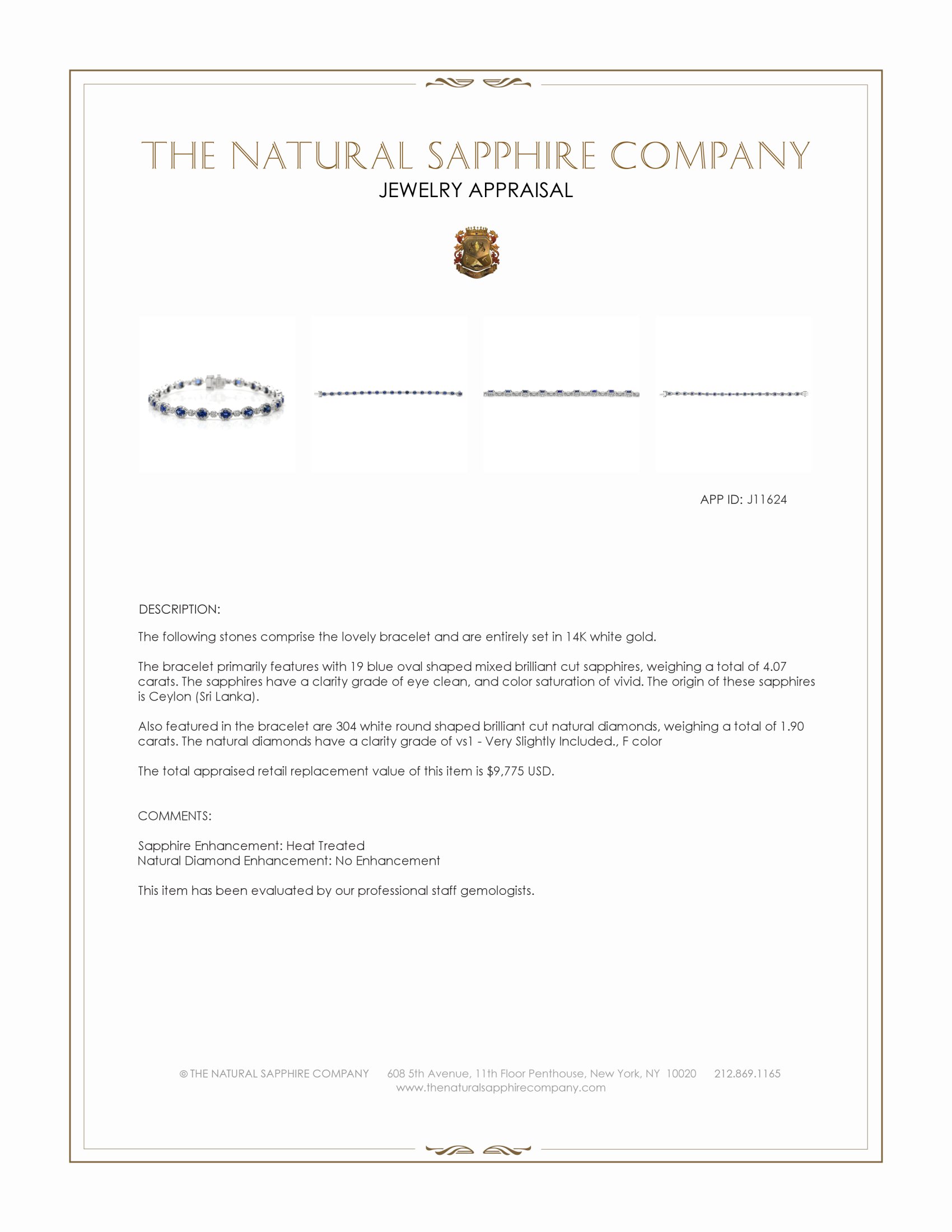 4.07 Ct.Tw. Blue Sapphire and Natural Diamond Pave Bracelet, 14K White Gold