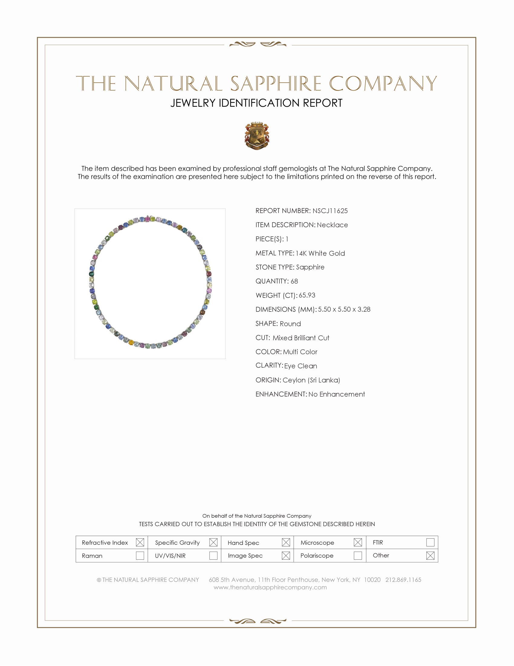 65.93 Ct. Multi Color Sapphire Tennis/Riviere Necklace, 14K White Gold