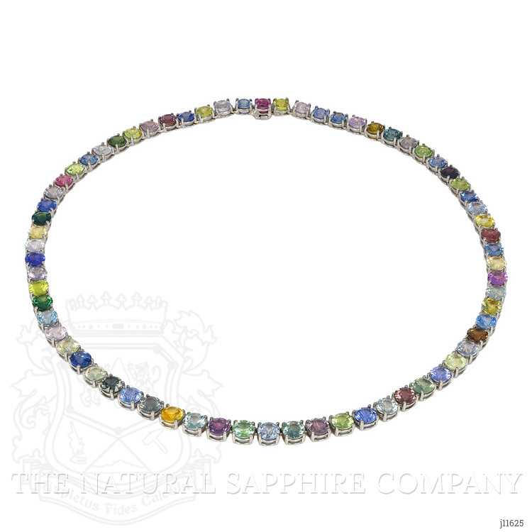 65.93 Ct. Multi Color Sapphire Tennis/Riviere Necklace, 14K White Gold