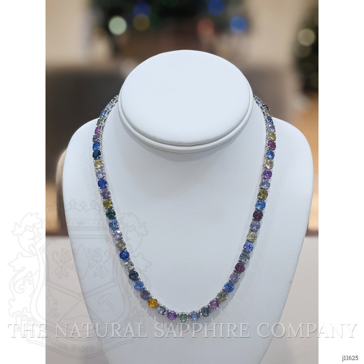 65.93 Ct. Multi Color Sapphire Tennis/Riviere Necklace, 14K White Gold