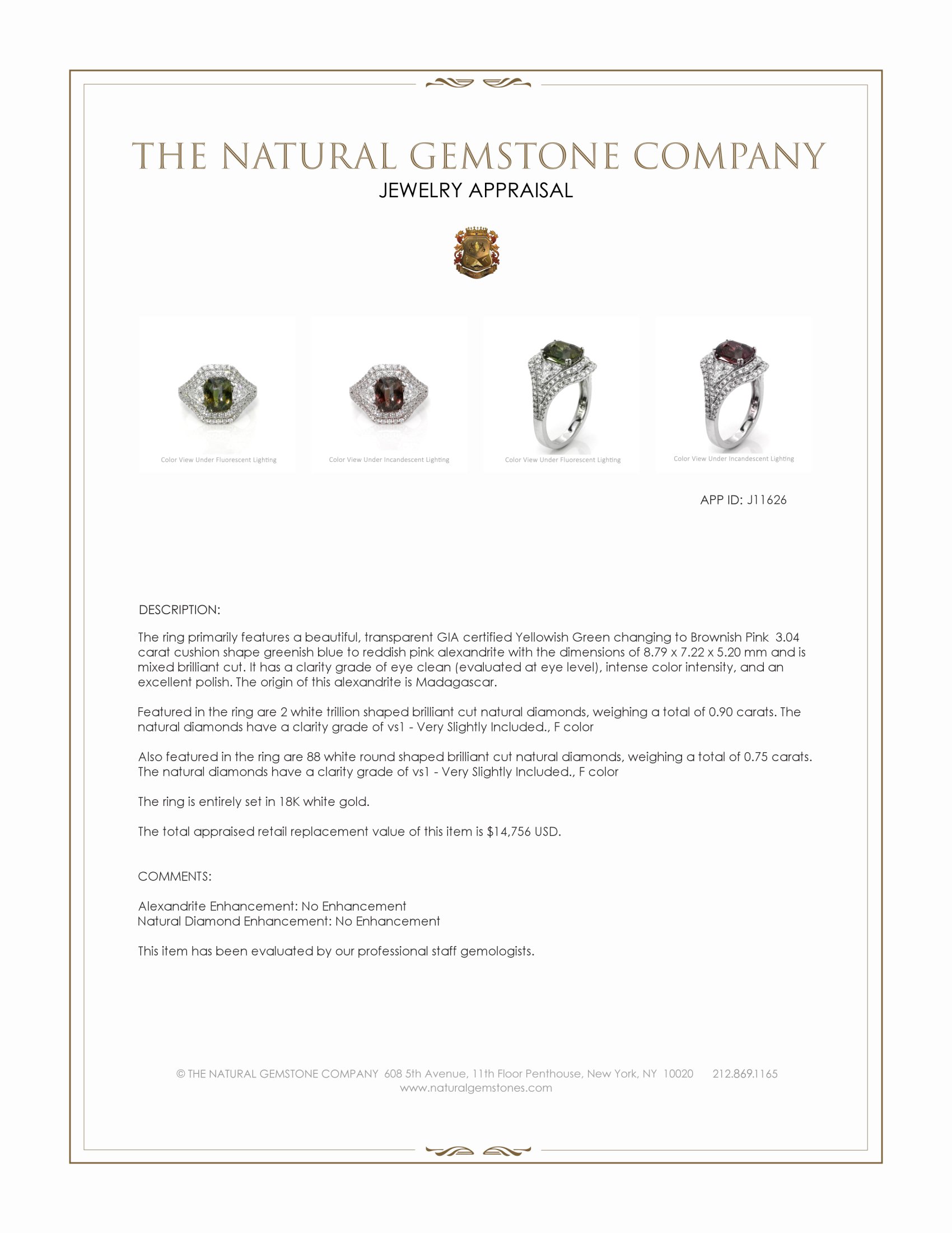 3.04 Ct. Alexandrite Natural Diamond Three Stone Ring, 18K White Gold