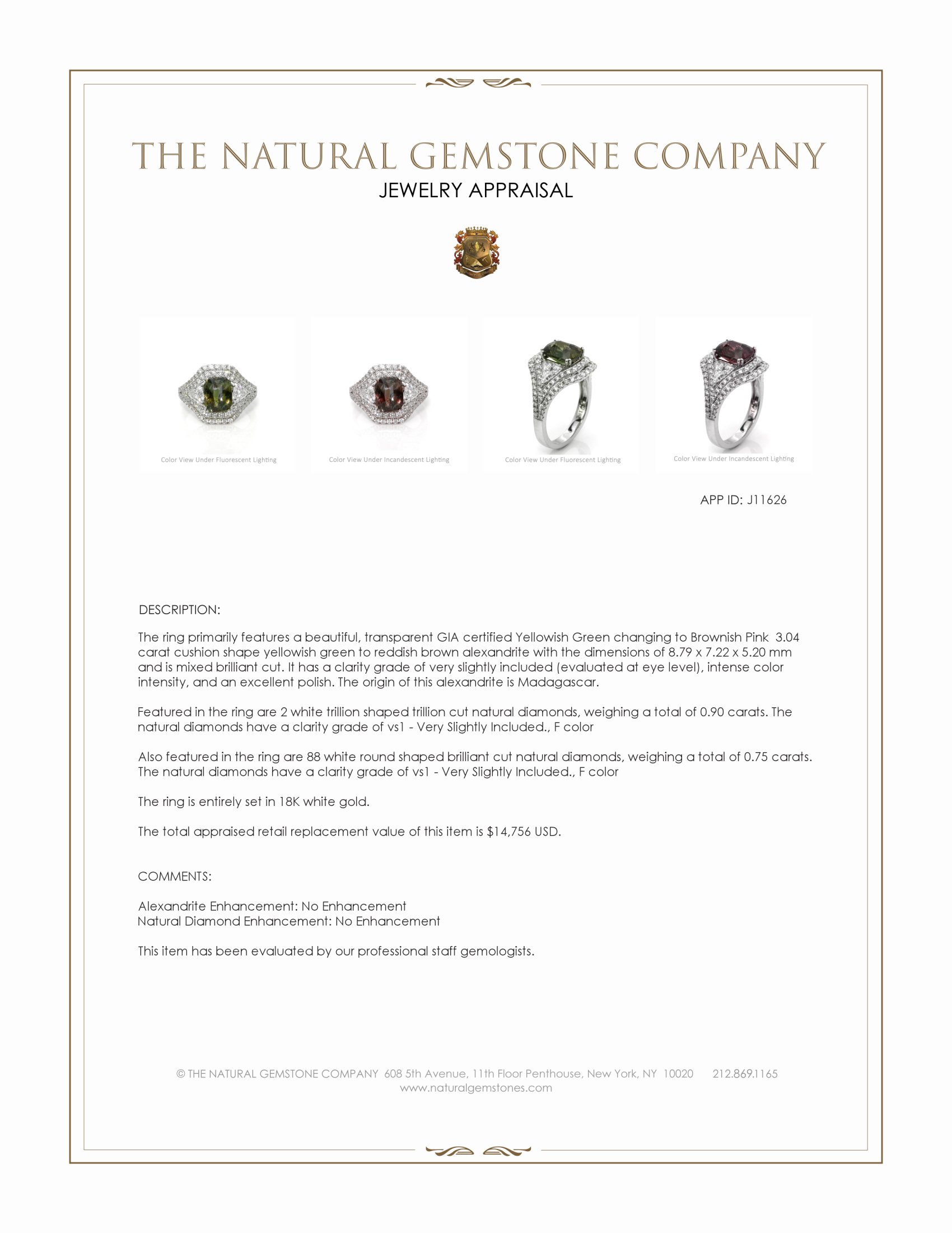3.04 Ct. Yellowish Green to Reddish Brown Alexandrite and Natural Diamond Three Stone Ring, 18K White Gold