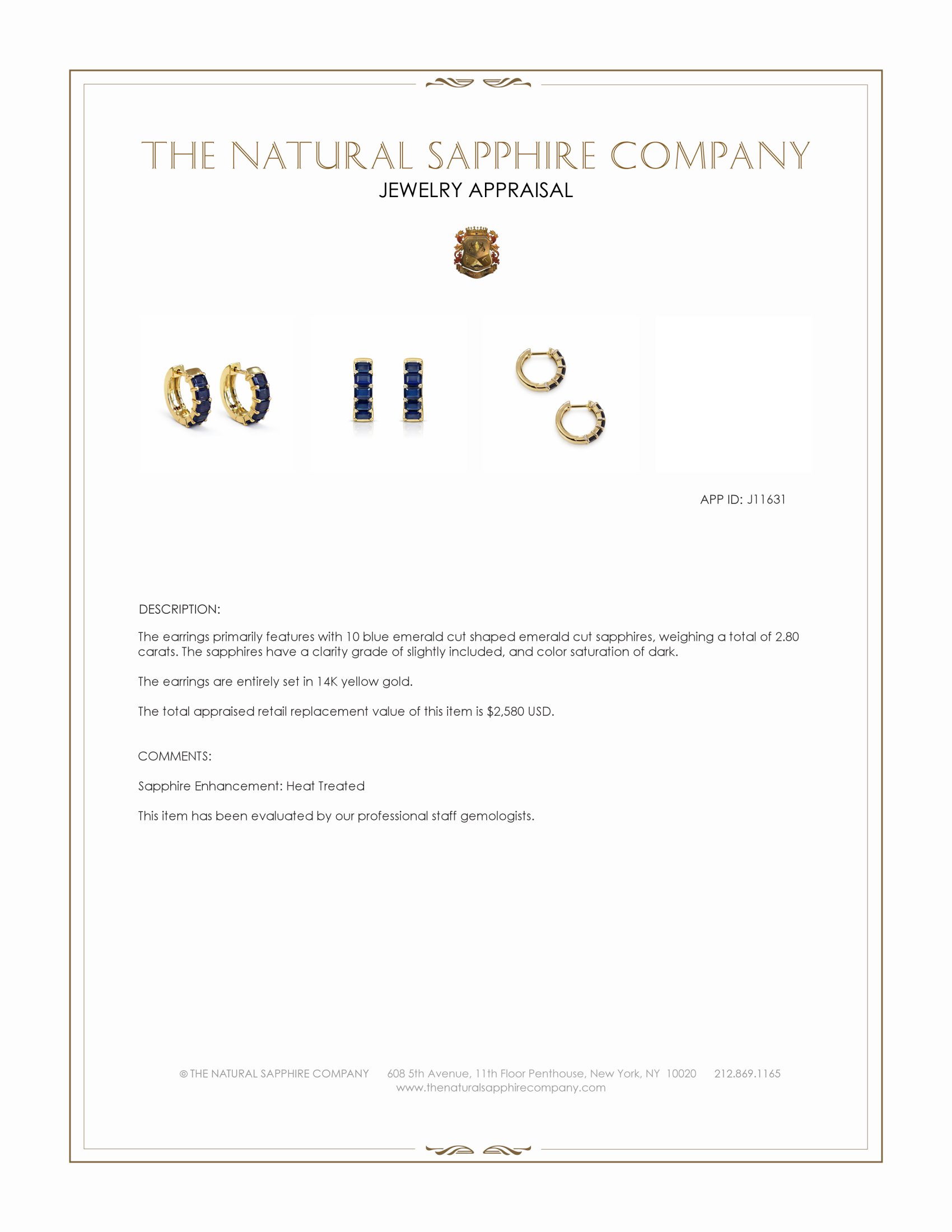 2.80 Ct.Tw. Blue Sapphire Hoops Earrings, 14K Yellow Gold