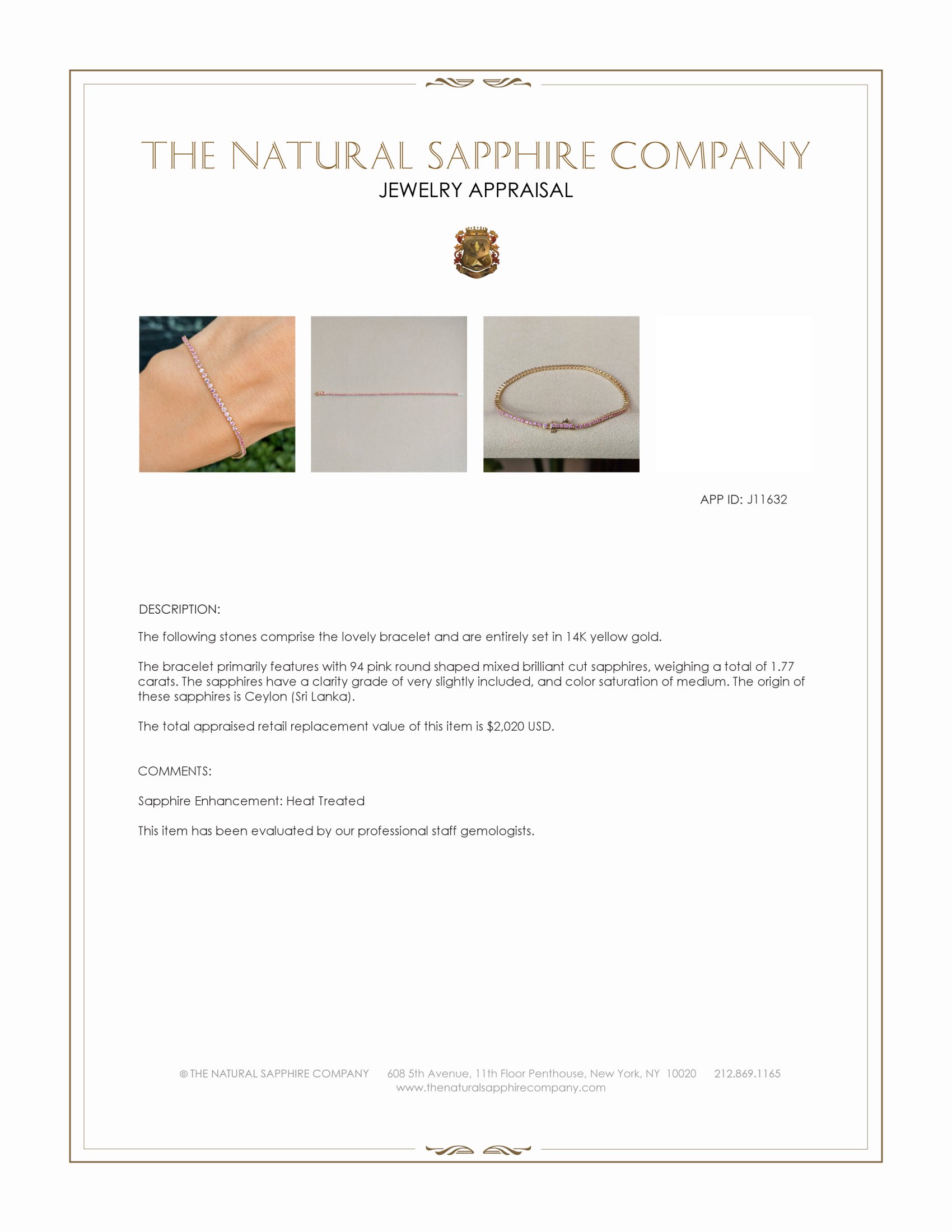 1.77 Ct.Tw. Pink Sapphire Tennis/Line Bracelet, 14K Yellow Gold