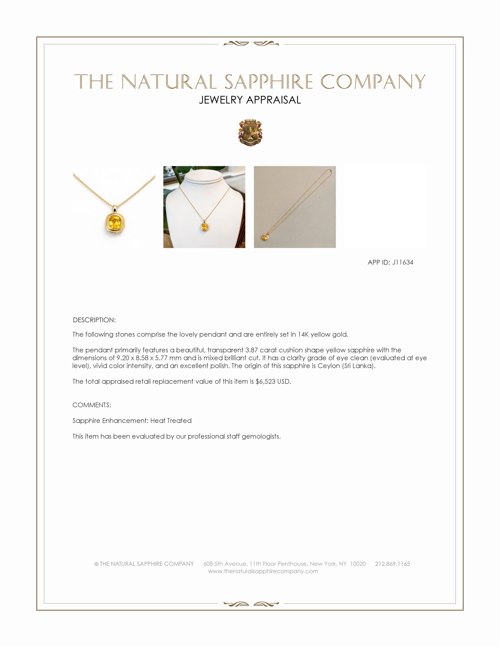 3.87 Ct. Yellow Sapphire Bezel Pendant, 14K Yellow Gold