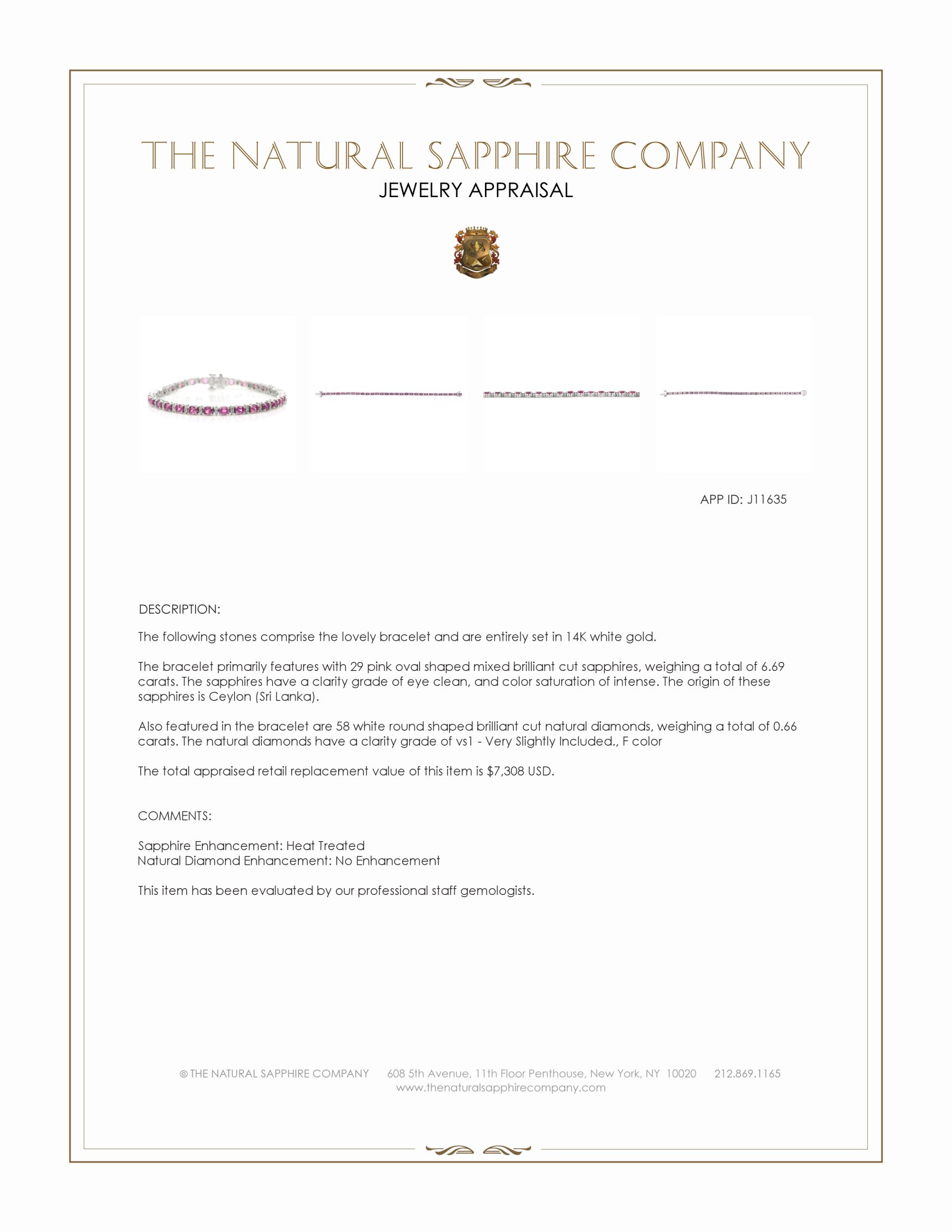 6.69 Ct.Tw. Pink Sapphire and Natural Diamond Tennis/Line Bracelet, 14K White Gold