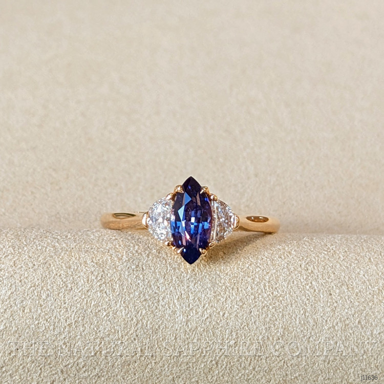 1.04 Ct. Purplish Blue Sapphire and Natural Diamond Three Stone Ring, 18K Rose Gold