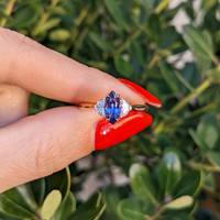 1.04 Ct. Purplish Blue Sapphire and Natural Diamond Three Stone Ring, 18K Rose Gold Life Style