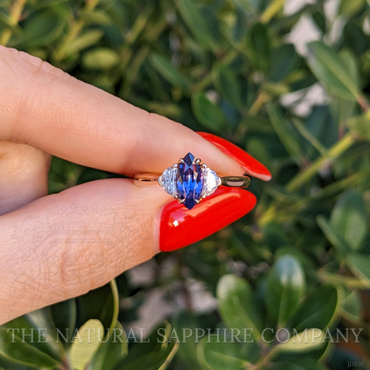 1.04 Ct. Purplish Blue Sapphire and Natural Diamond Three Stone Ring, 18K Rose Gold