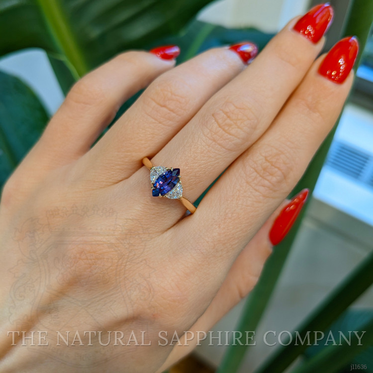 1.04 Ct. Purplish Blue Sapphire and Natural Diamond Three Stone Ring, 18K Rose Gold