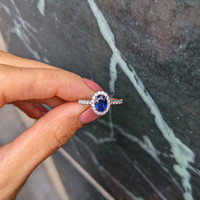 1.00 Ct. Blue Sapphire and Natural Diamond Pave Ring, 18K White Gold Life Style