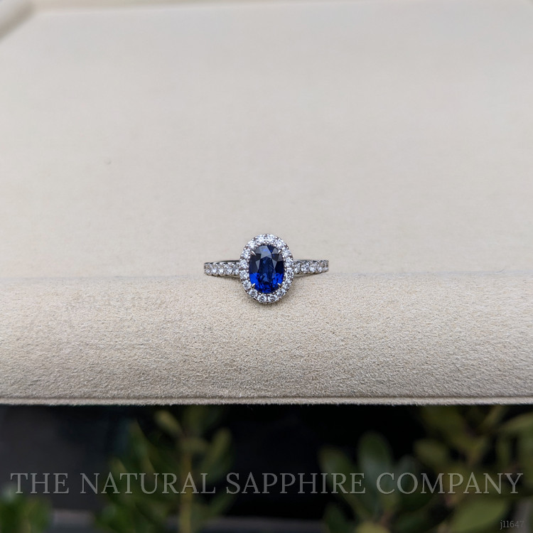 1.00 Ct. Blue Sapphire and Natural Diamond Pave Ring, 18K White Gold