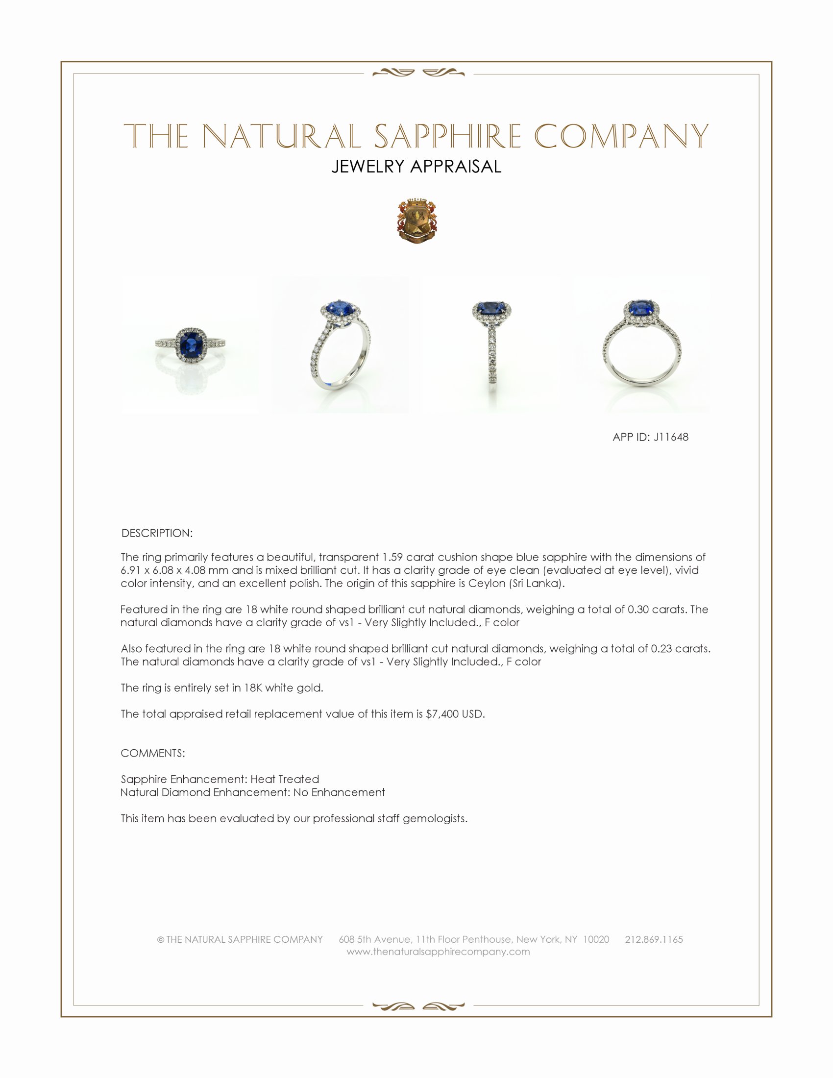 1.59 Ct. Blue Sapphire and Natural Diamond Pave Ring, 18K White Gold