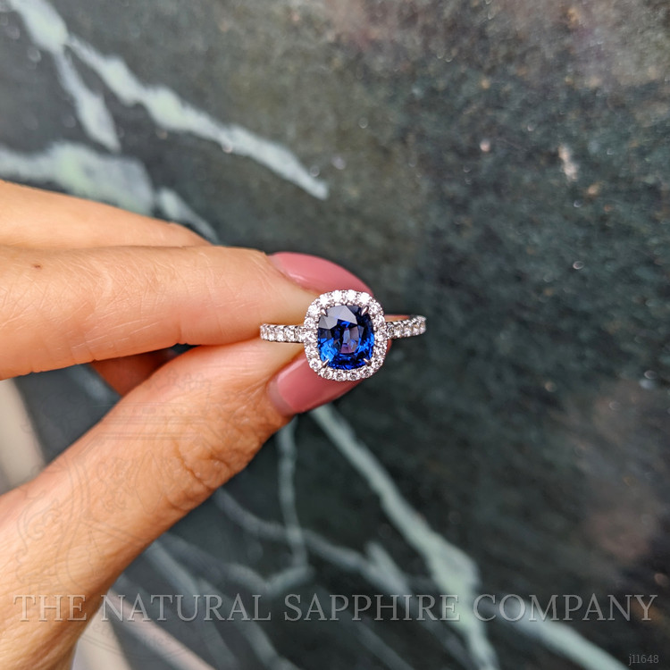 1.59 Ct. Blue Sapphire and Natural Diamond Pave Ring, 18K White Gold