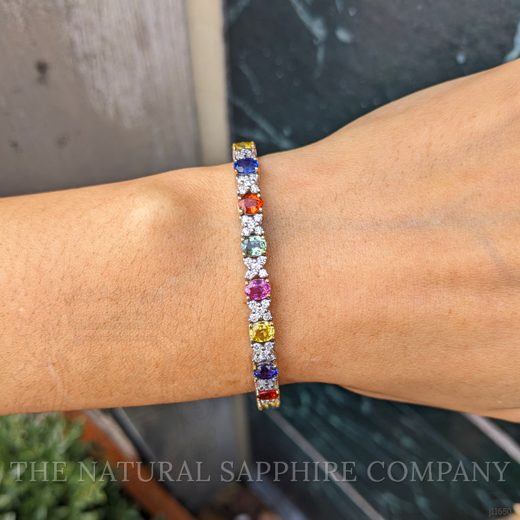 10.26 Ct.Tw. Multi Color Sapphire and Natural Diamond Tennis/Line Bracelet, 18K White & Yellow