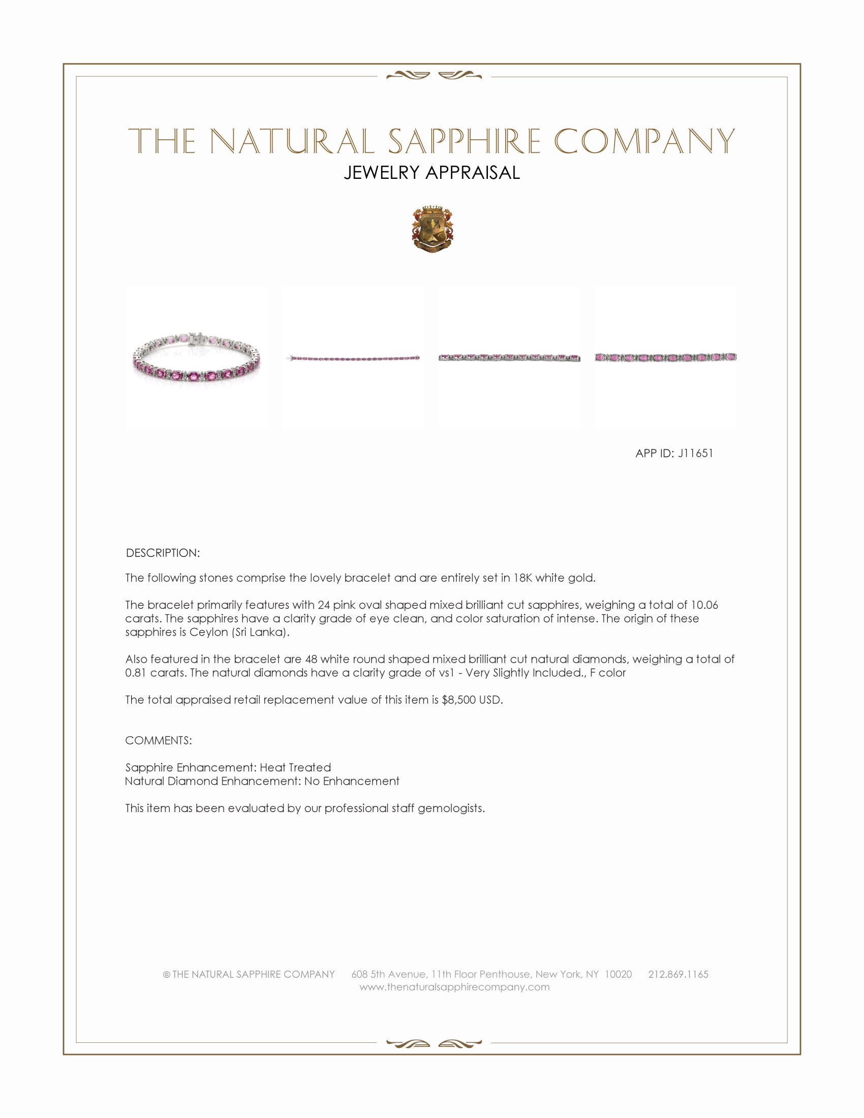 10.06 Ct.Tw. Pink Sapphire and Natural Diamond Tennis/Line Bracelet, 18K White Gold