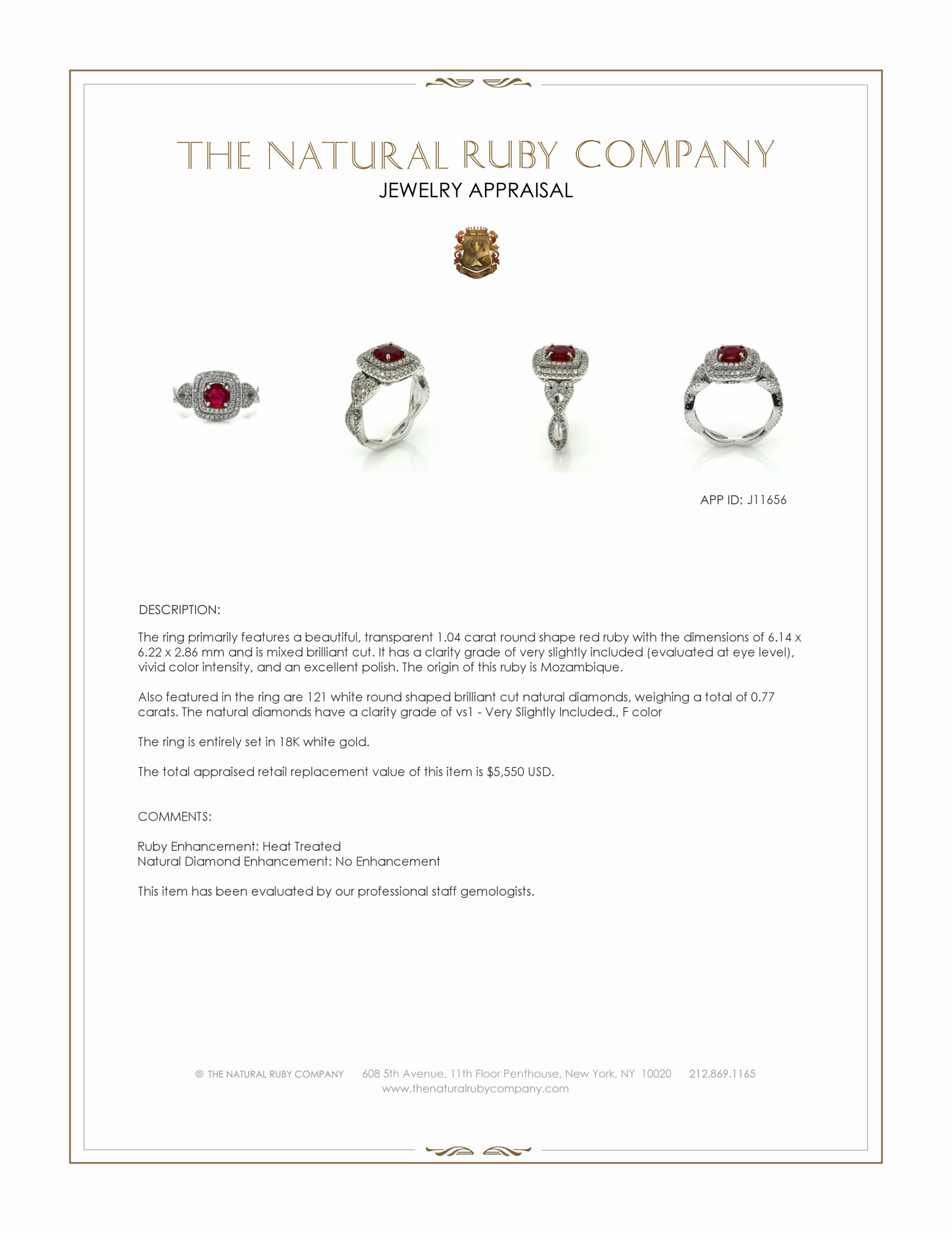 1.04 Ct. Ruby and Natural Diamond Pave Ring, 18K White Gold