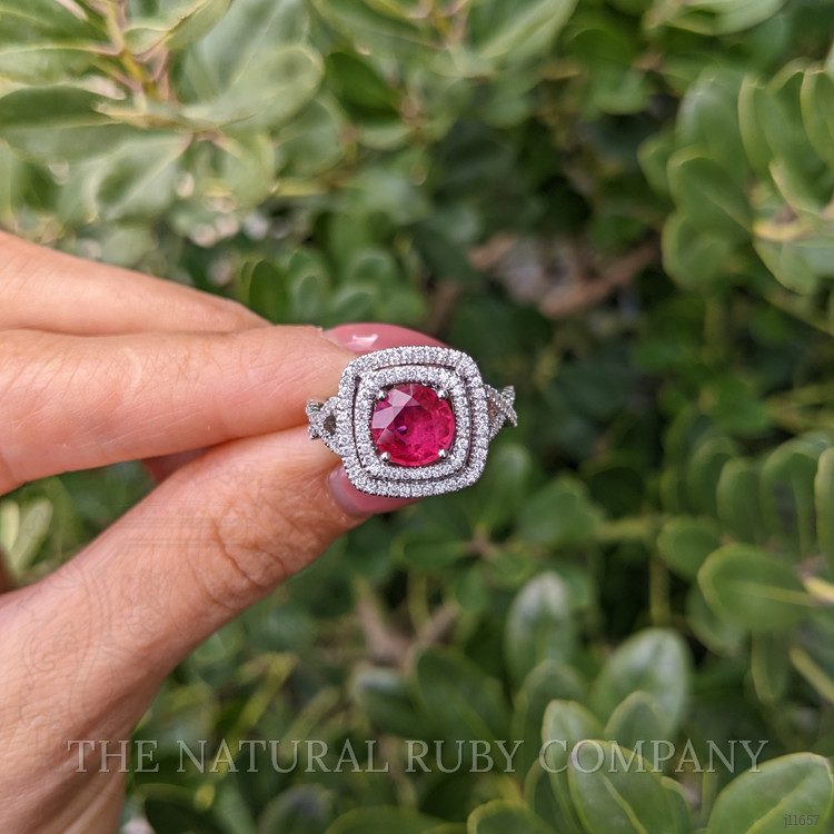 1.95 Ct. Pinkish Red Ruby and Natural Diamond Pave Ring, 18K White Gold