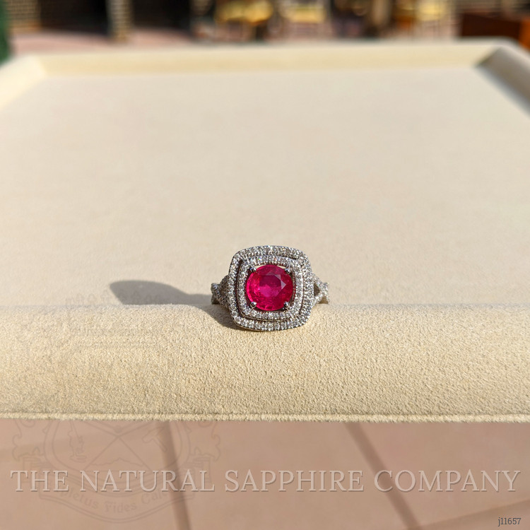 1.95 Ct. Pinkish Red Ruby and Natural Diamond Pave Ring, 18K White Gold