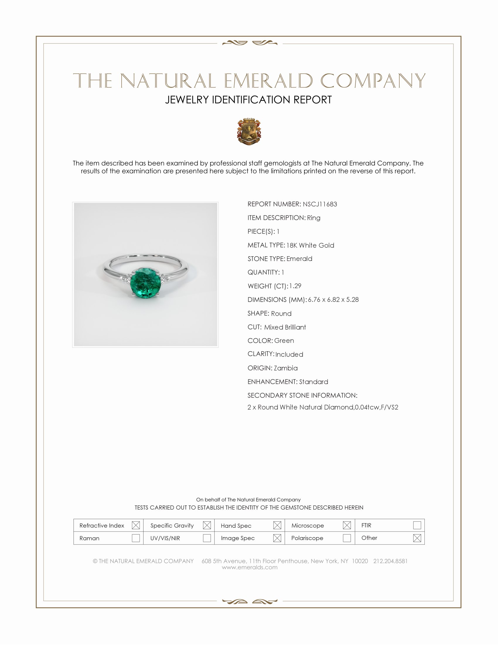 1.29 Ct. Emerald and Natural Diamond Three Stone Ring, 18K White Gold