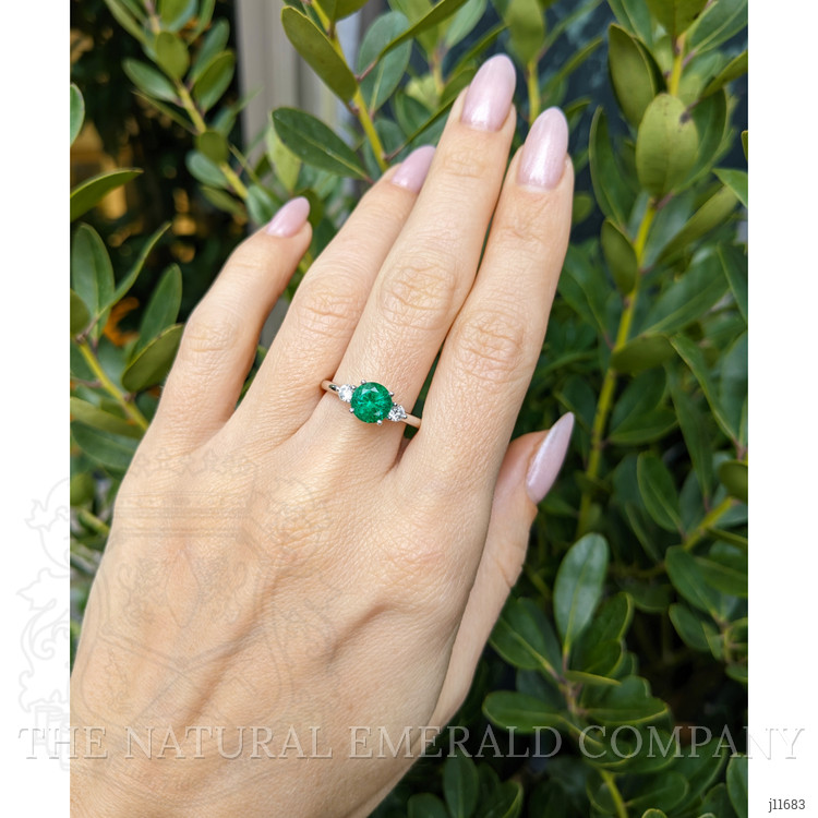 1.29 Ct. Emerald and Natural Diamond Three Stone Ring, 18K White Gold
