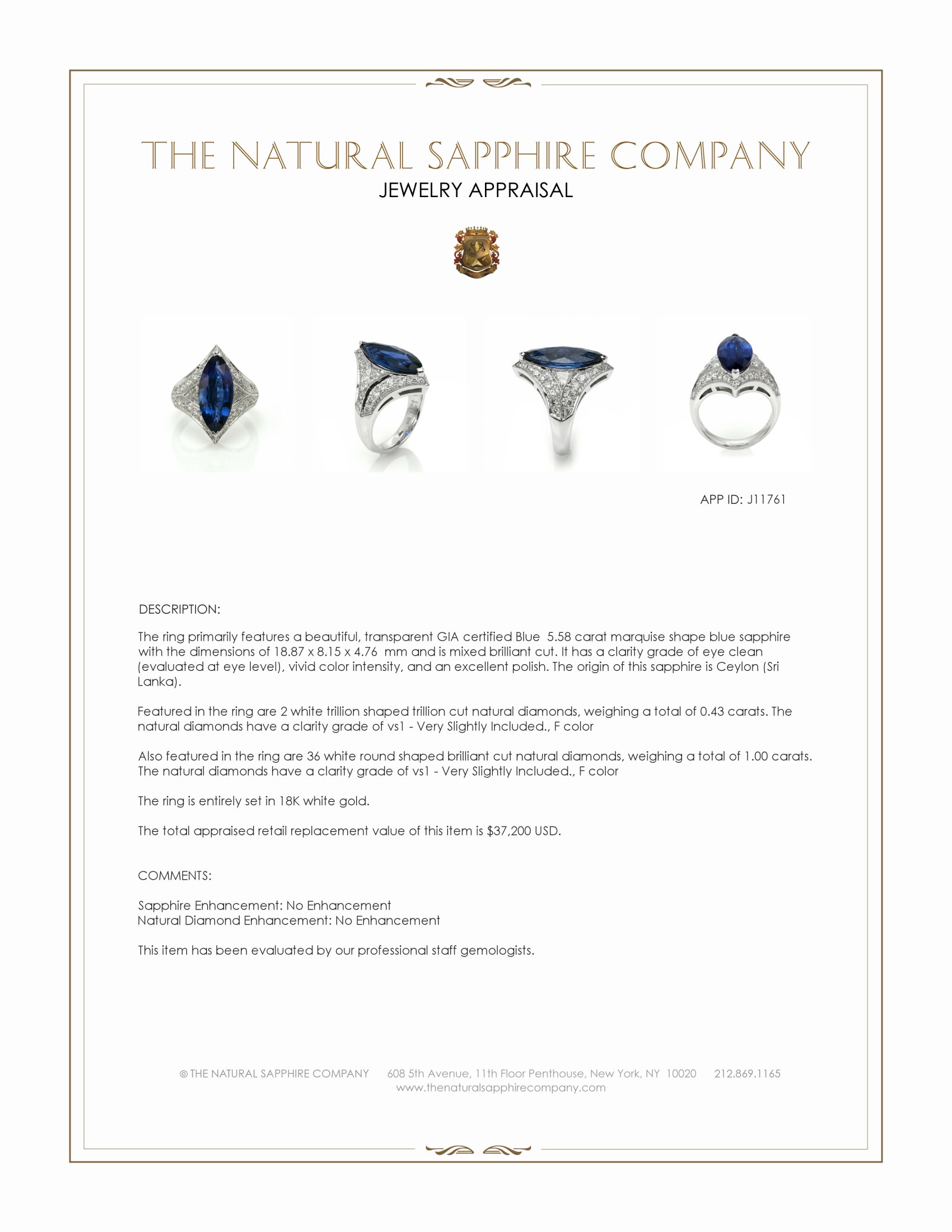 5.58 Ct. Blue Sapphire and Natural Diamond Antique Style Ring, 18K White Gold