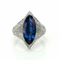 5.58 Ct. Blue Sapphire and Natural Diamond Antique Style Ring, 18K White Gold Video