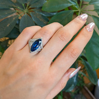 5.58 Ct. Blue Sapphire and Natural Diamond Antique Style Ring, 18K White Gold Life Style