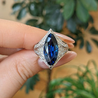 5.58 Ct. Blue Sapphire and Natural Diamond Antique Style Ring, 18K White Gold Life Style