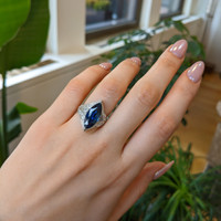 5.58 Ct. Blue Sapphire and Natural Diamond Antique Style Ring, 18K White Gold Life Style