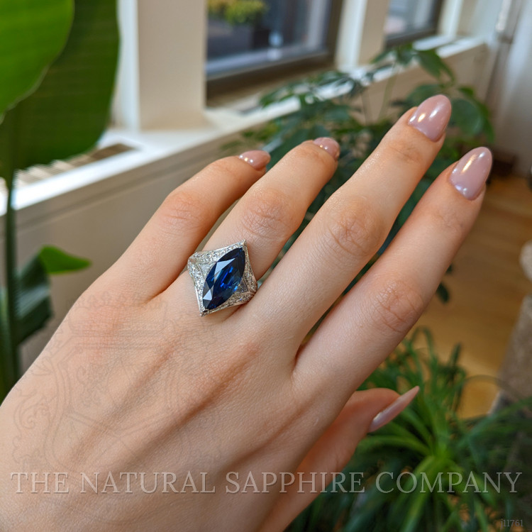 5.58 Ct. Blue Sapphire and Natural Diamond Antique Style Ring, 18K White Gold