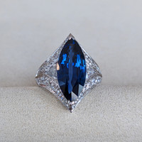 5.58 Ct. Blue Sapphire and Natural Diamond Antique Style Ring, 18K White Gold Life Style