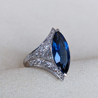 5.58 Ct. Blue Sapphire and Natural Diamond Antique Style Ring, 18K White Gold Life Style